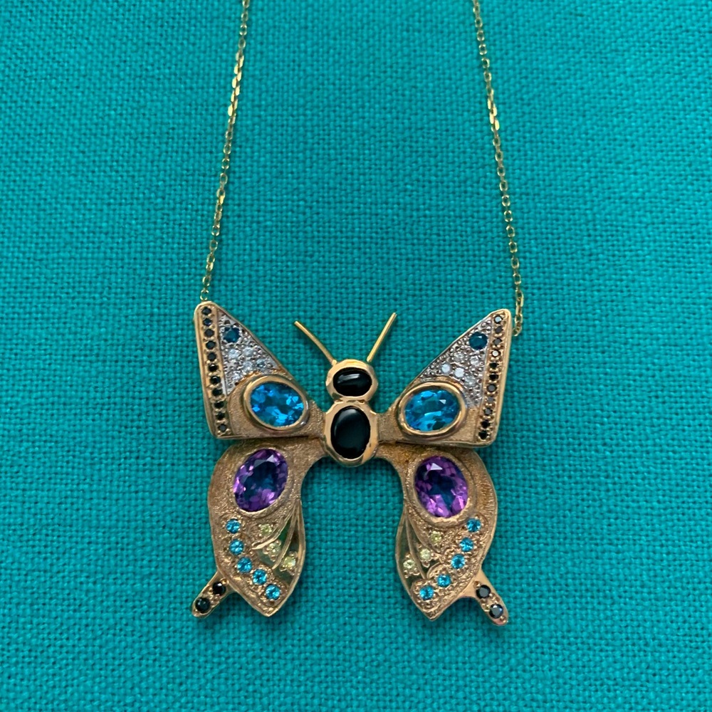 Butterfly Necklace with diamonds, amethyst, topaz, and onyx in 14 carat gold